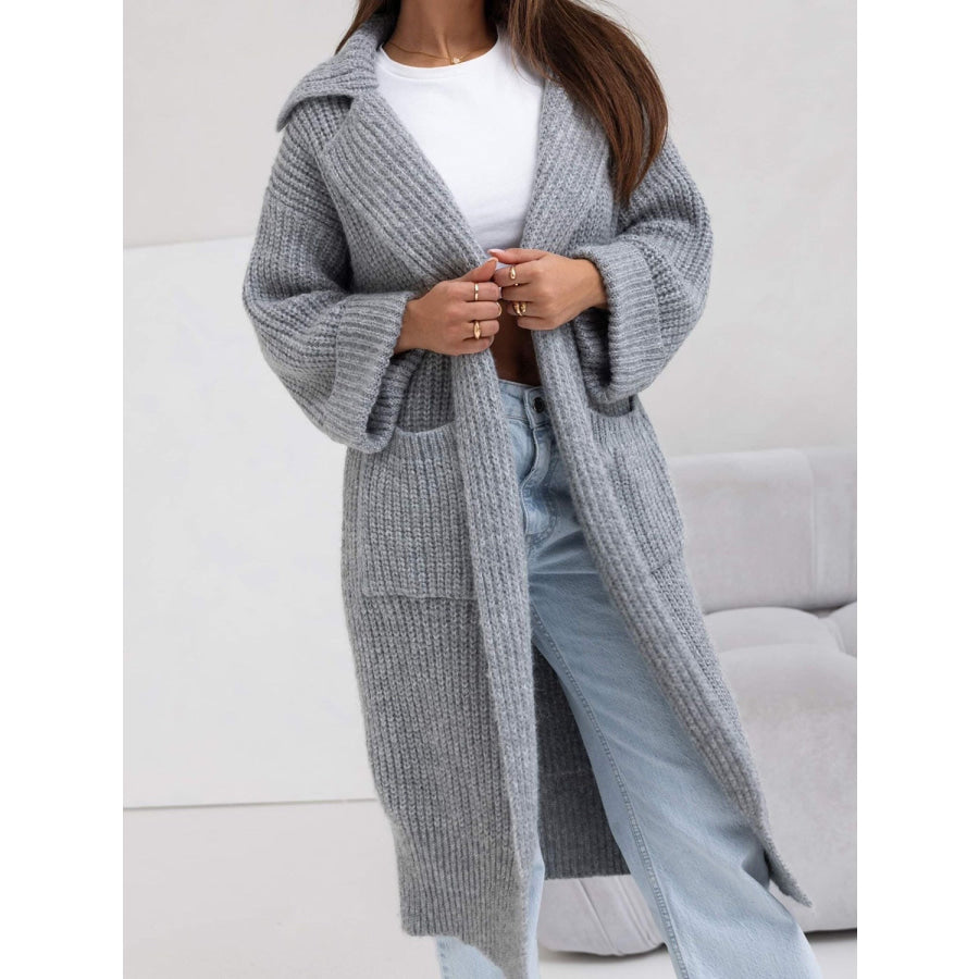 Pocketed Collared Neck Dropped Shoulder Cardigan Gray / One Size Apparel and Accessories