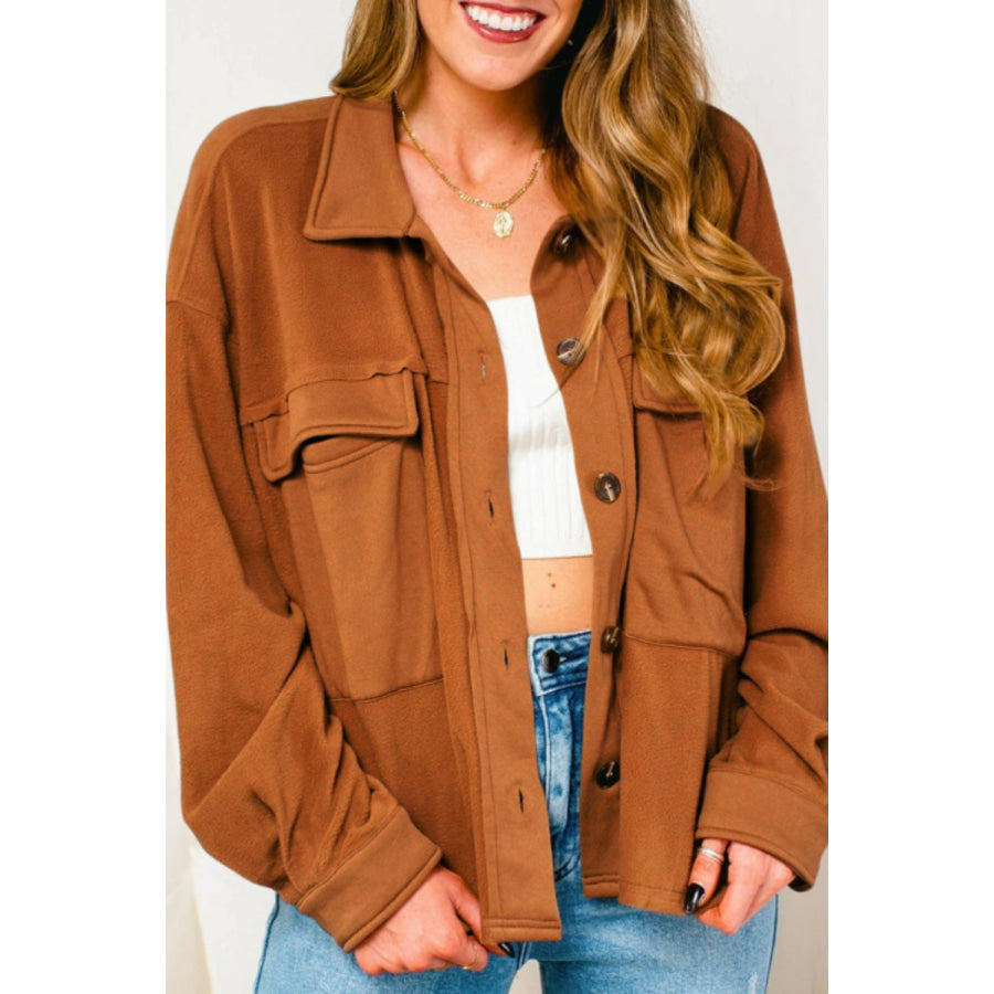 Pocketed Collared Neck Dropped Shoulder Jacket Caramel / S Apparel and Accessories