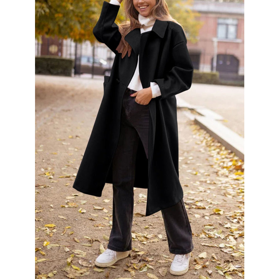 Pocketed Collared Neck Long Sleeve Coat Black / S Apparel and Accessories