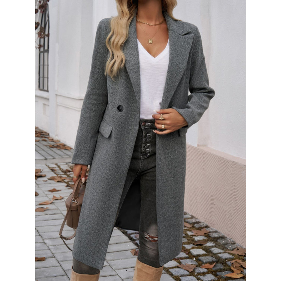 Pocketed Collared Neck Long Sleeve Coat Dark Gray / S Apparel and Accessories