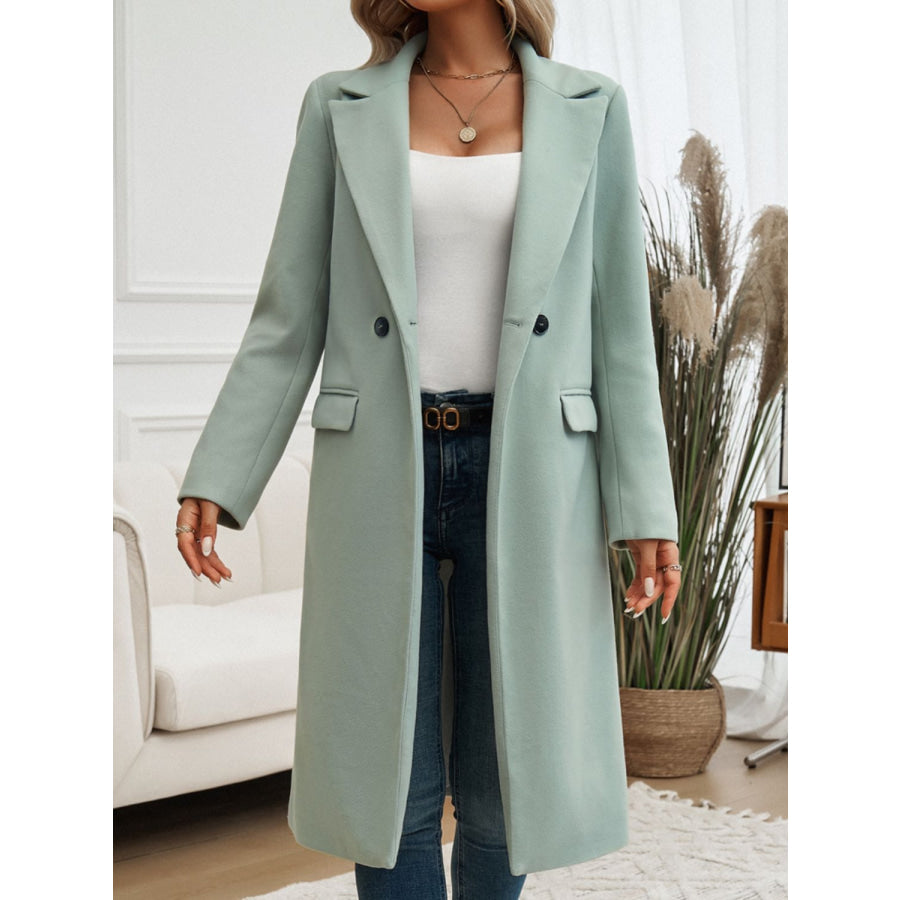 Pocketed Collared Neck Long Sleeve Coat Sage / S Apparel and Accessories