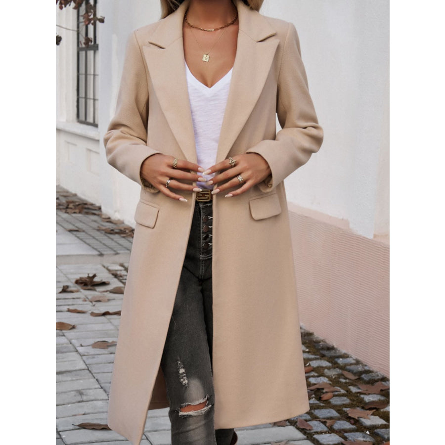 Pocketed Collared Neck Long Sleeve Coat Tan / S Apparel and Accessories