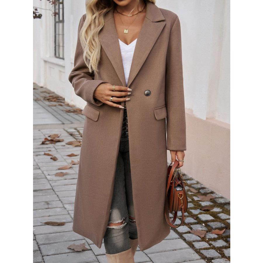 Pocketed Collared Neck Long Sleeve Coat Taupe / S Apparel and Accessories