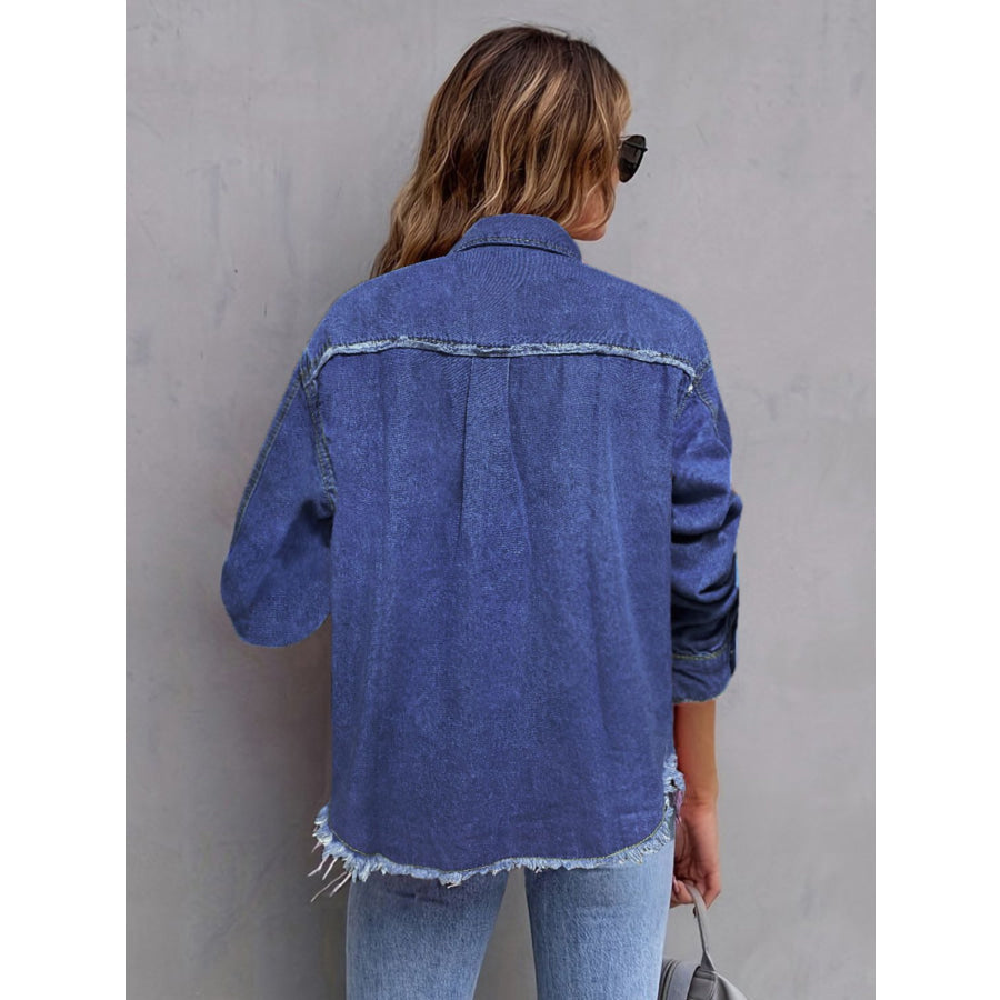 Pocketed Collared Neck Long Sleeve Denim Shirt Apparel and Accessories