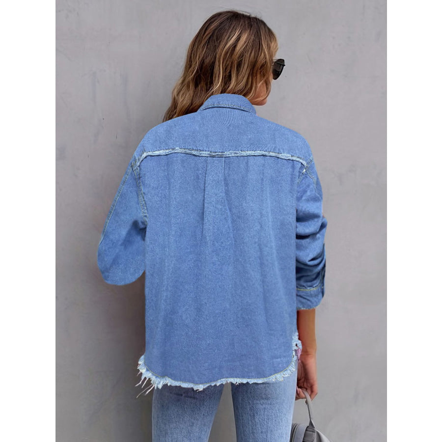 Pocketed Collared Neck Long Sleeve Denim Shirt Apparel and Accessories