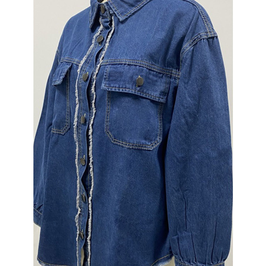 Pocketed Collared Neck Long Sleeve Denim Shirt Apparel and Accessories