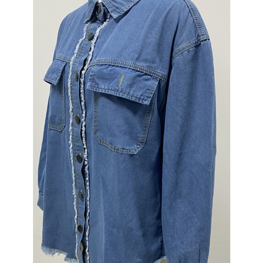 Pocketed Collared Neck Long Sleeve Denim Shirt Apparel and Accessories