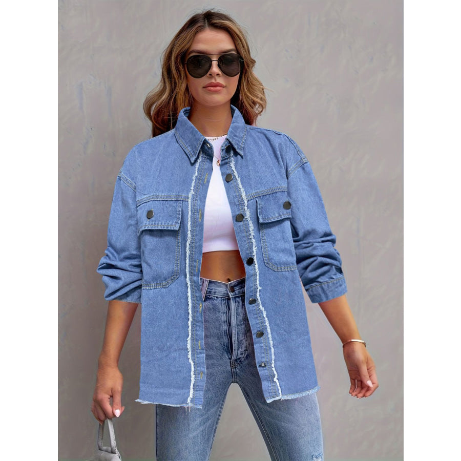 Pocketed Collared Neck Long Sleeve Denim Shirt Light / S Apparel and Accessories