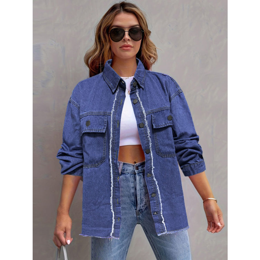 Pocketed Collared Neck Long Sleeve Denim Shirt Medium / S Apparel and Accessories