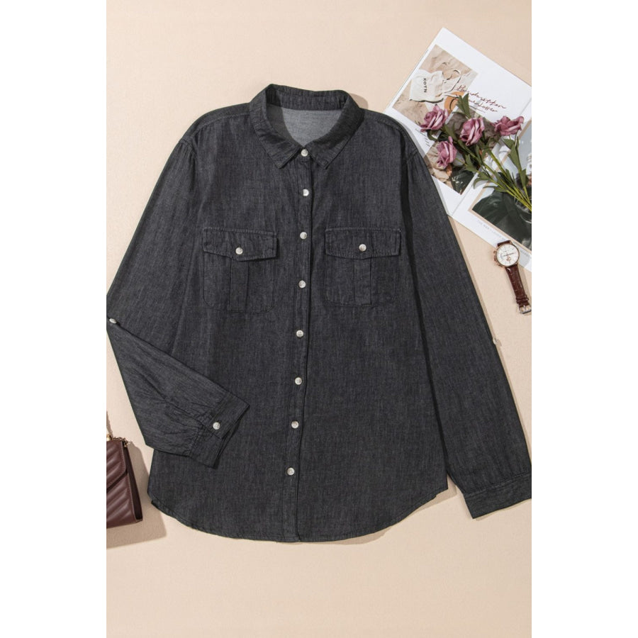 Pocketed Collared Neck Long Sleeve Denim Top Apparel and Accessories