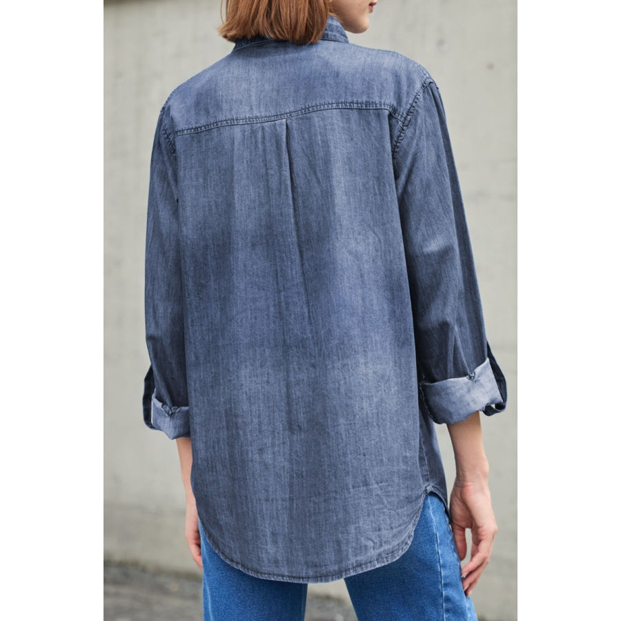 Pocketed Collared Neck Long Sleeve Denim Top Apparel and Accessories