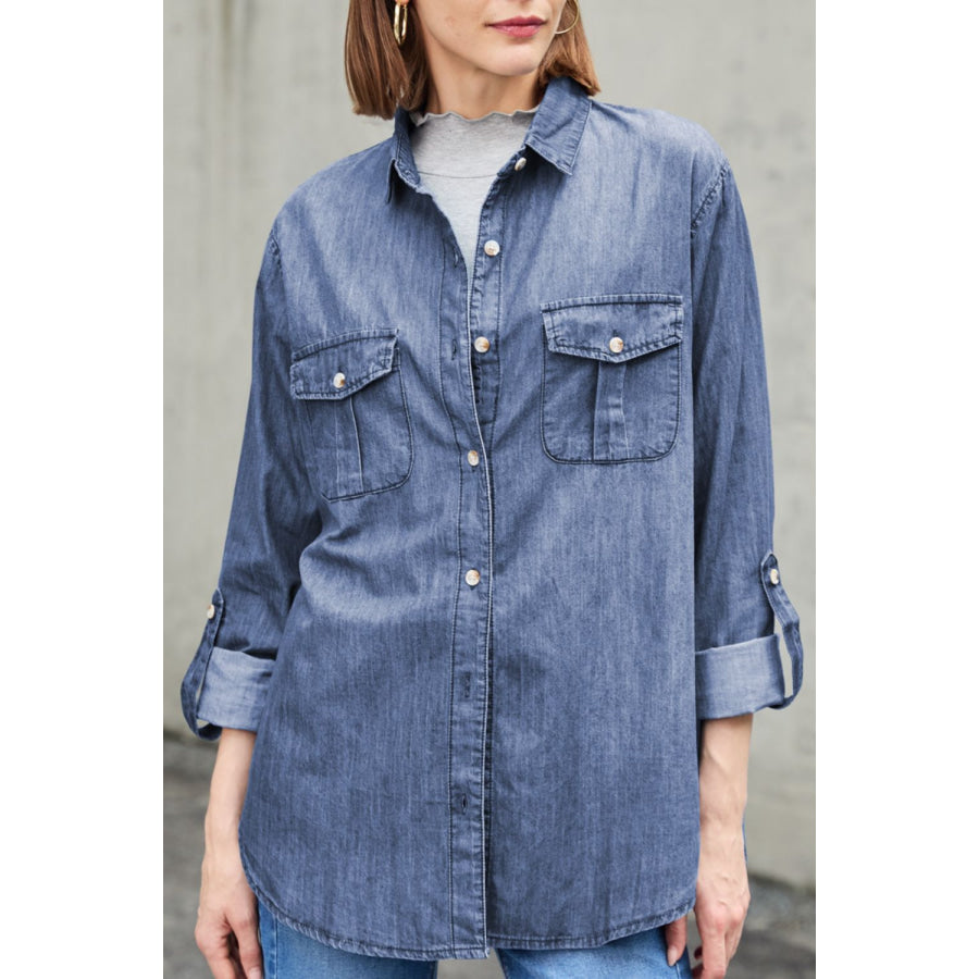 Pocketed Collared Neck Long Sleeve Denim Top Apparel and Accessories