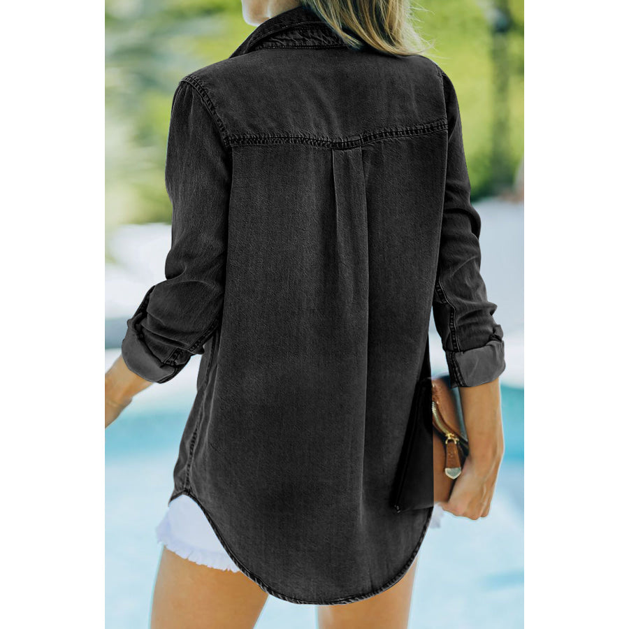 Pocketed Collared Neck Long Sleeve Denim Top Apparel and Accessories