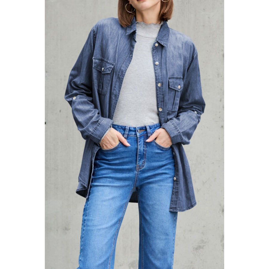 Pocketed Collared Neck Long Sleeve Denim Top Apparel and Accessories