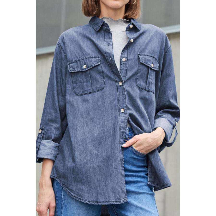 Pocketed Collared Neck Long Sleeve Denim Top Navy / S Apparel and Accessories