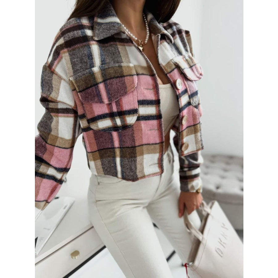 Pocketed Collared Neck Long Sleeve Plaid Jacket Pink / S Apparel and Accessories
