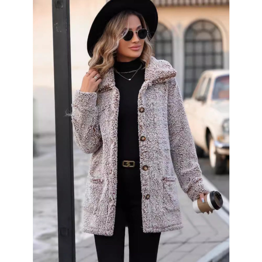 Pocketed Collared Neck Long Sleeve Plush Jacket Apparel and Accessories