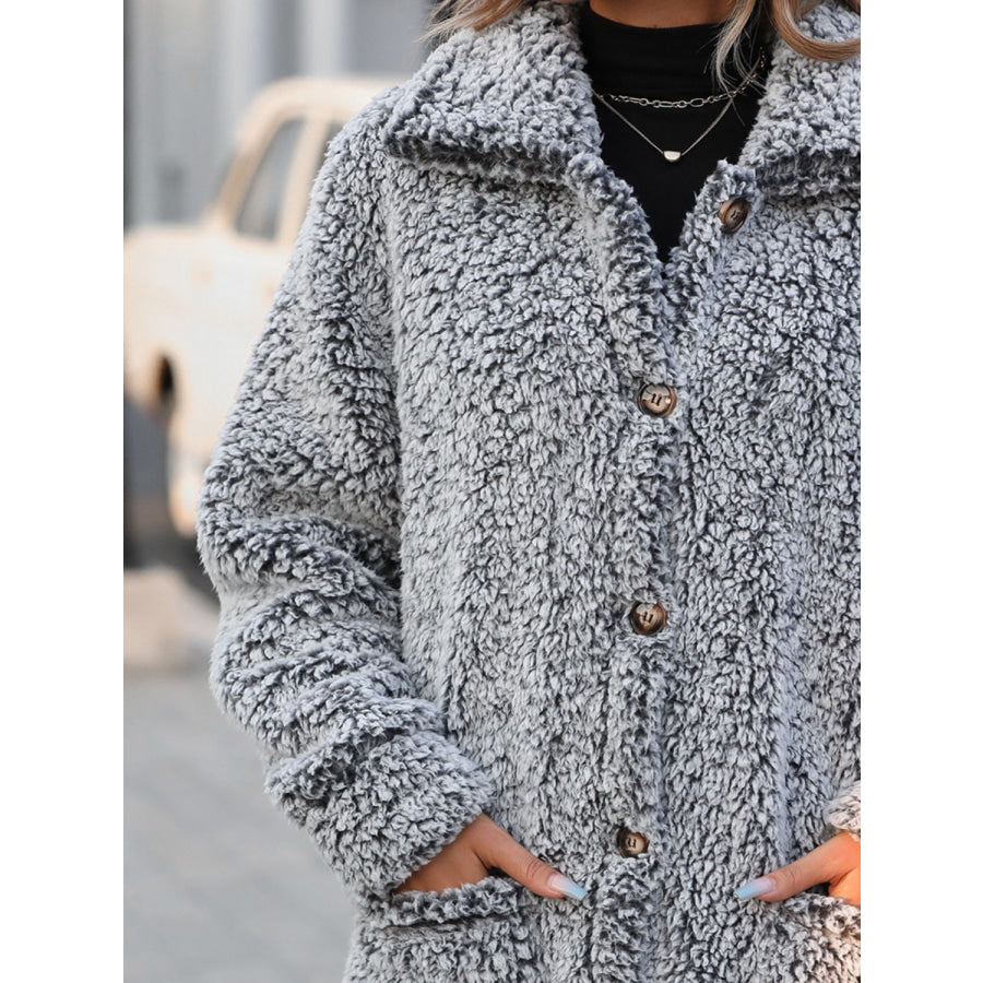 Pocketed Collared Neck Long Sleeve Plush Jacket Apparel and Accessories