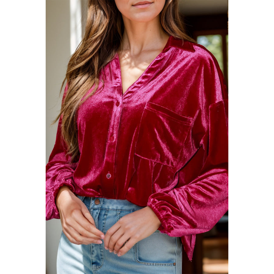 Pocketed Collared Neck Long Sleeve Shirt Deep Rose / S Apparel and Accessories