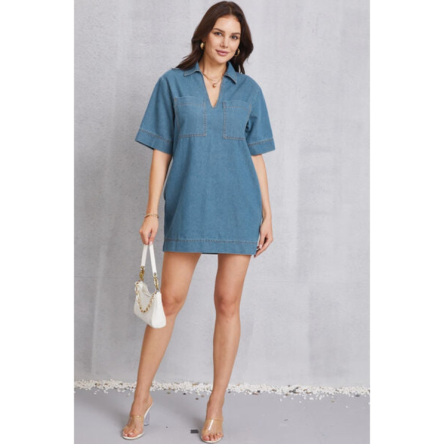 Pocketed Collared Neck Mini Denim Dress Clothing