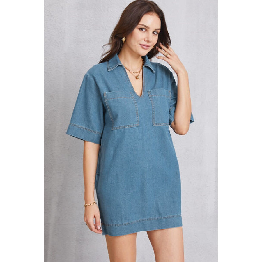 Pocketed Collared Neck Mini Denim Dress Clothing