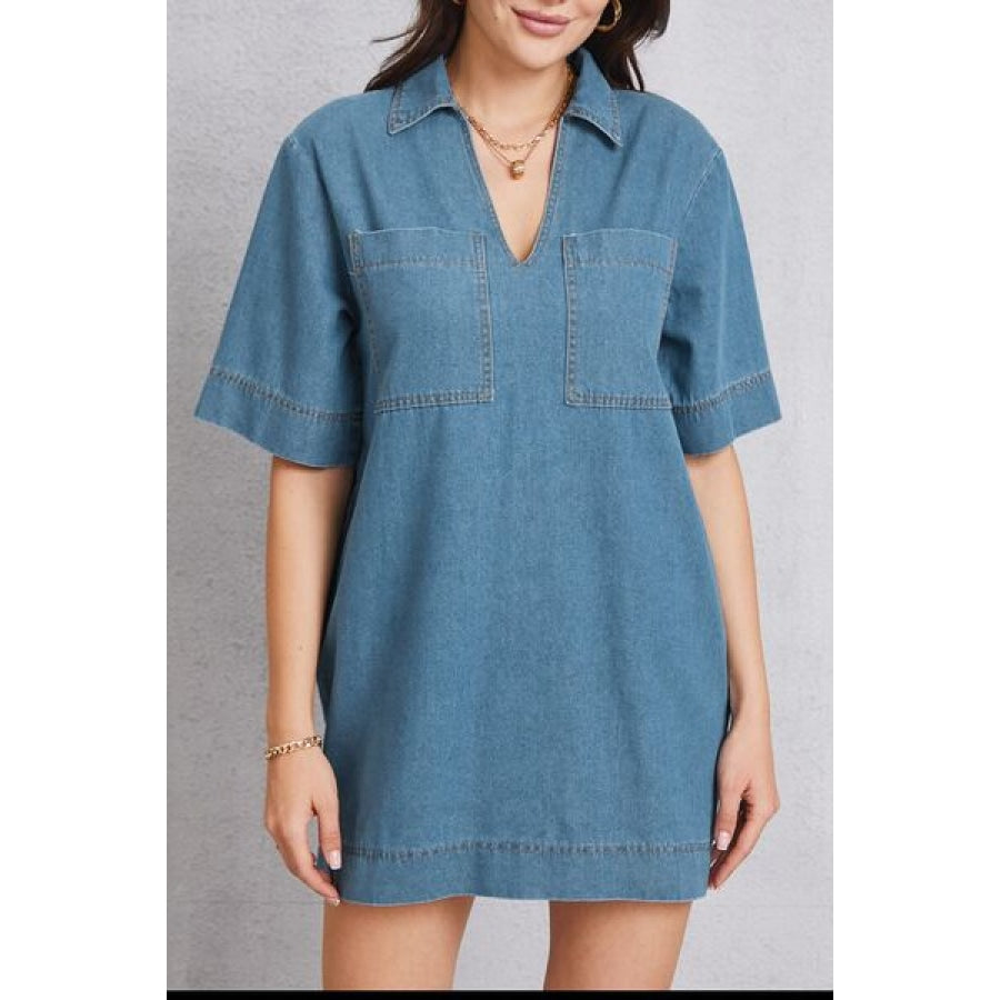 Pocketed Collared Neck Mini Denim Dress Clothing