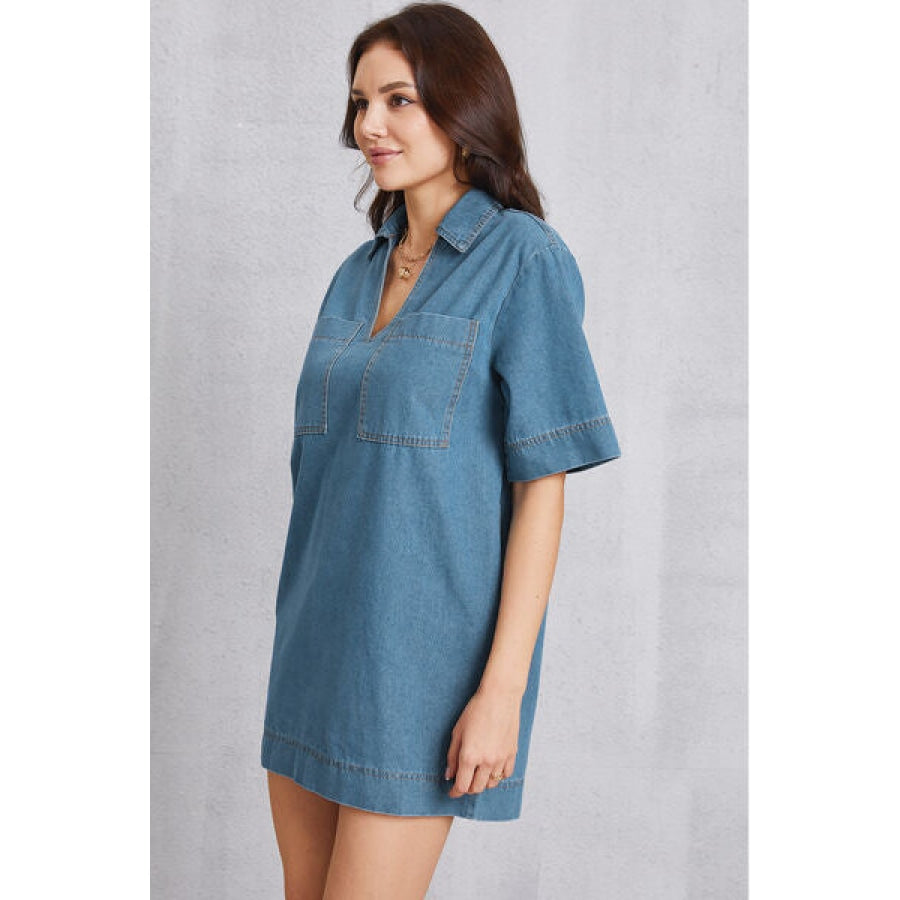 Pocketed Collared Neck Mini Denim Dress Clothing