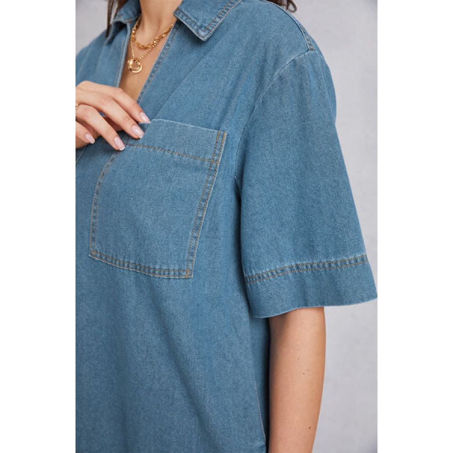 Pocketed Collared Neck Mini Denim Dress Clothing