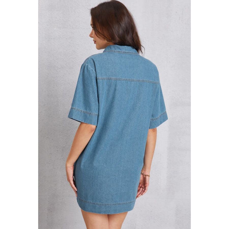 Pocketed Collared Neck Mini Denim Dress Clothing