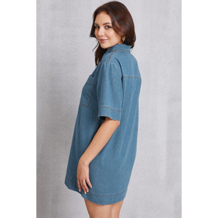 Pocketed Collared Neck Mini Denim Dress Clothing