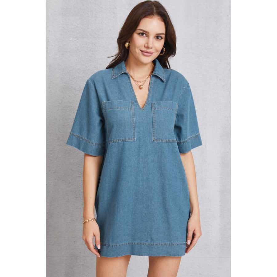 Pocketed Collared Neck Mini Denim Dress Medium / S Clothing