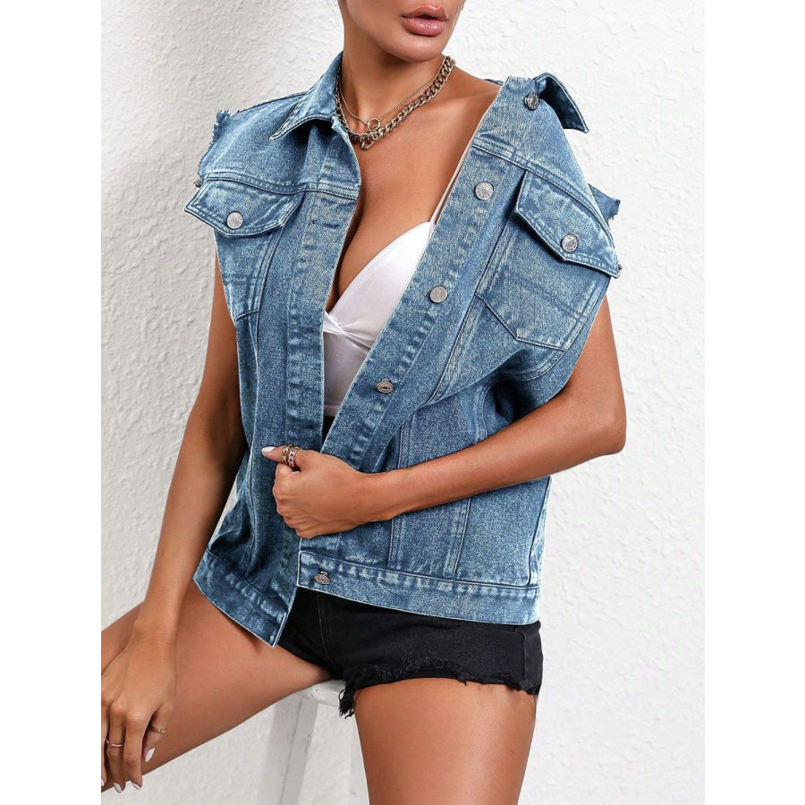 Pocketed Collared Neck Sleeveless Denim Top Apparel and Accessories