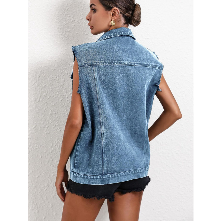 Pocketed Collared Neck Sleeveless Denim Top Apparel and Accessories