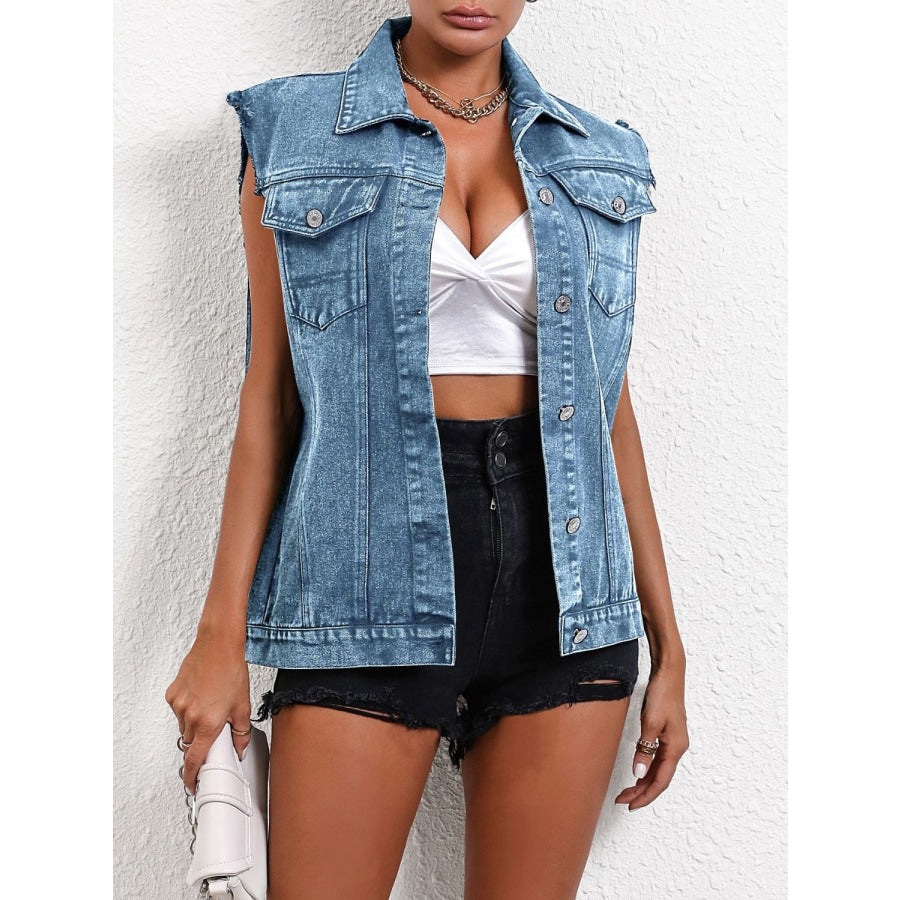 Pocketed Collared Neck Sleeveless Denim Top Apparel and Accessories