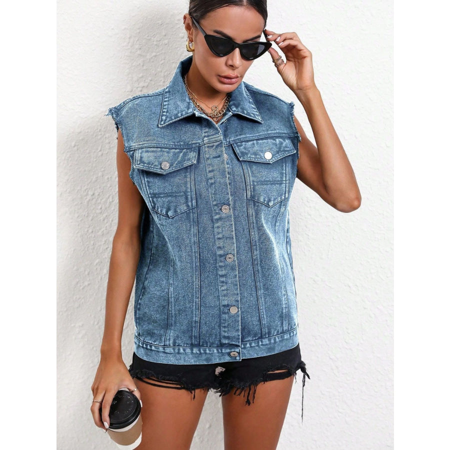 Pocketed Collared Neck Sleeveless Denim Top Apparel and Accessories