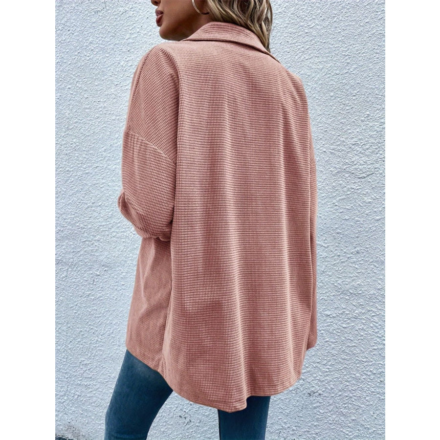 Pocketed Collared Neck Snap Down Dropped Shoulder Jacket Dusty Pink / S Apparel and Accessories