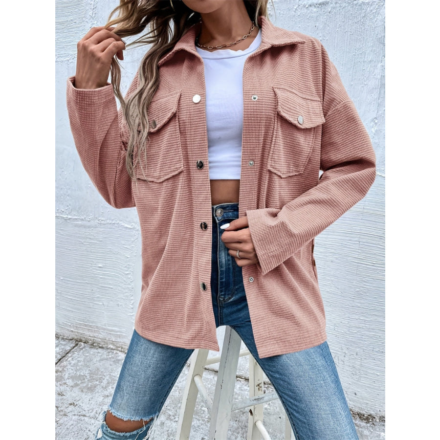 Pocketed Collared Neck Snap Down Dropped Shoulder Jacket Apparel and Accessories