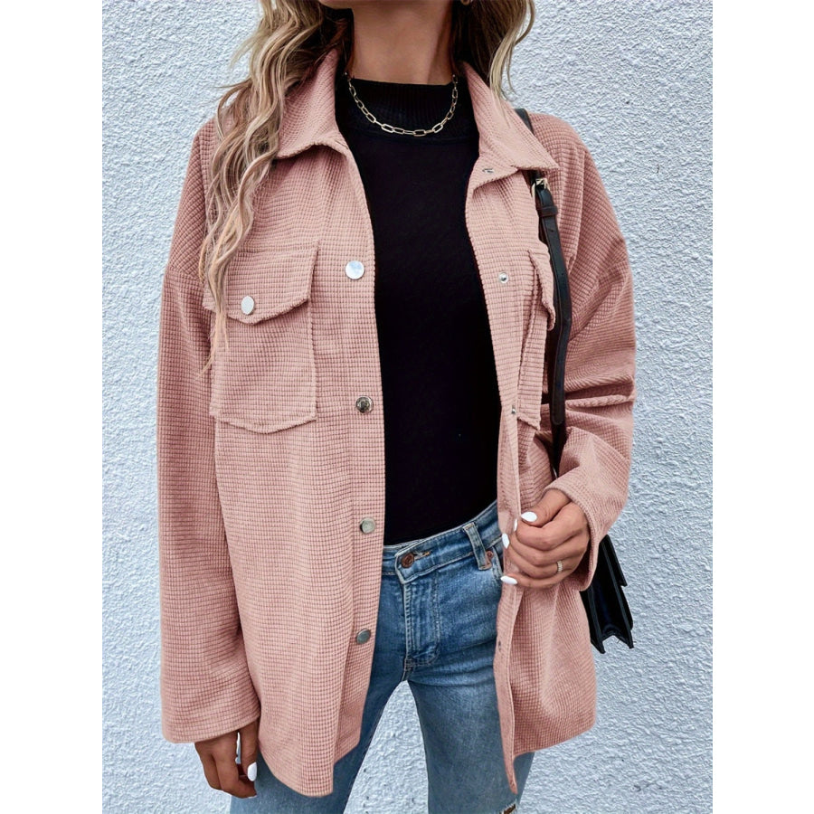 Pocketed Collared Neck Snap Down Dropped Shoulder Jacket Dusty Pink / S Apparel and Accessories