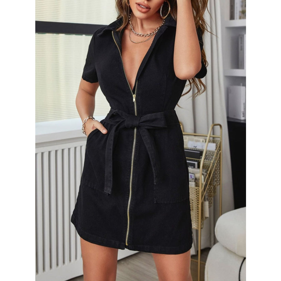 Pocketed Collared Neck Zip Up Short Sleeve Denim Dress Apparel and Accessories