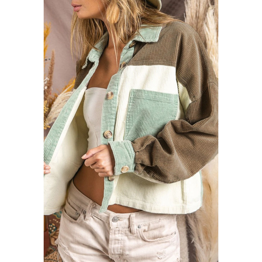 Pocketed Color Block Collared Neck Jacket Apparel and Accessories