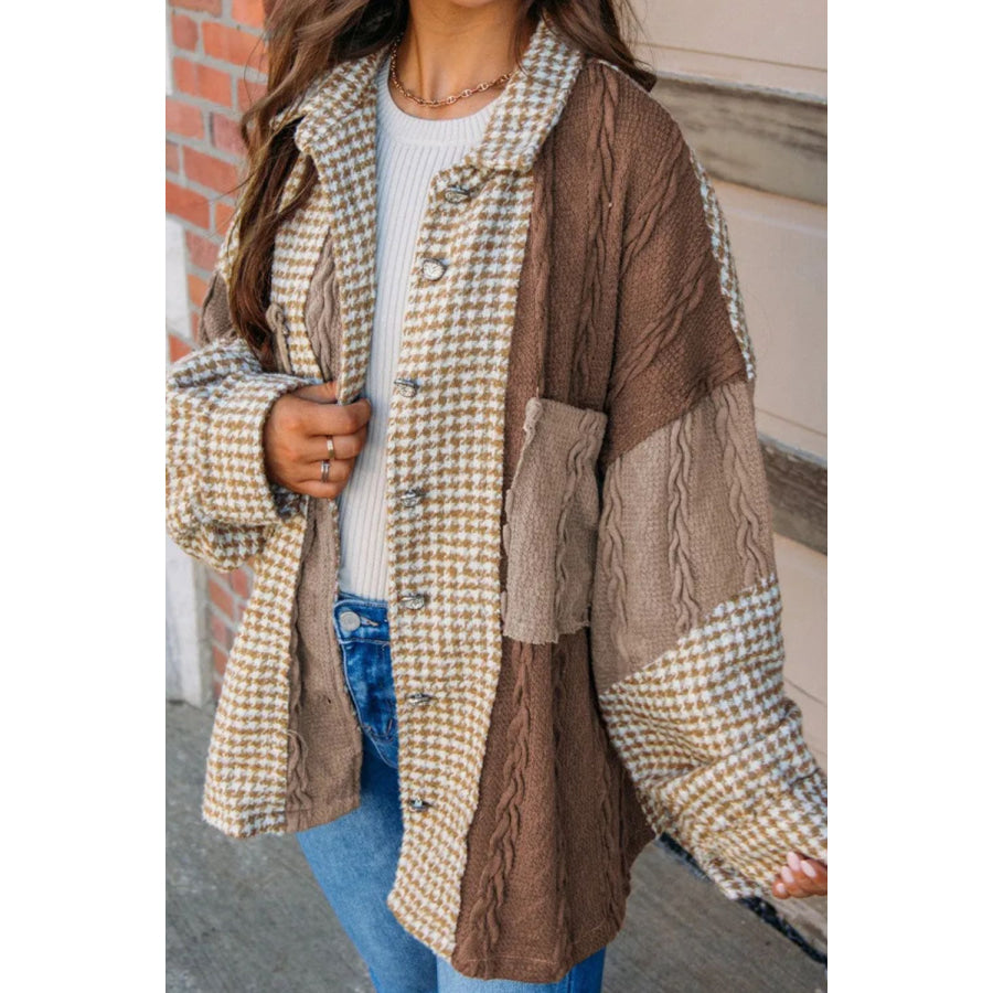 Pocketed Color Block Collared Neck Long Sleeve Jacket Brown / S Apparel and Accessories