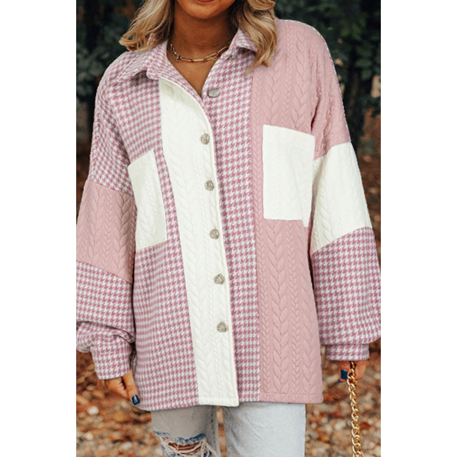 Pocketed Color Block Collared Neck Long Sleeve Jacket Blush Pink / S Apparel and Accessories