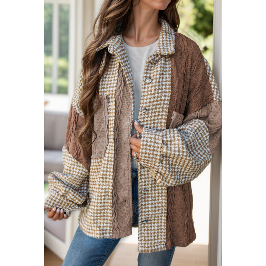 Pocketed Color Block Collared Neck Long Sleeve Jacket Brown / S Apparel and Accessories