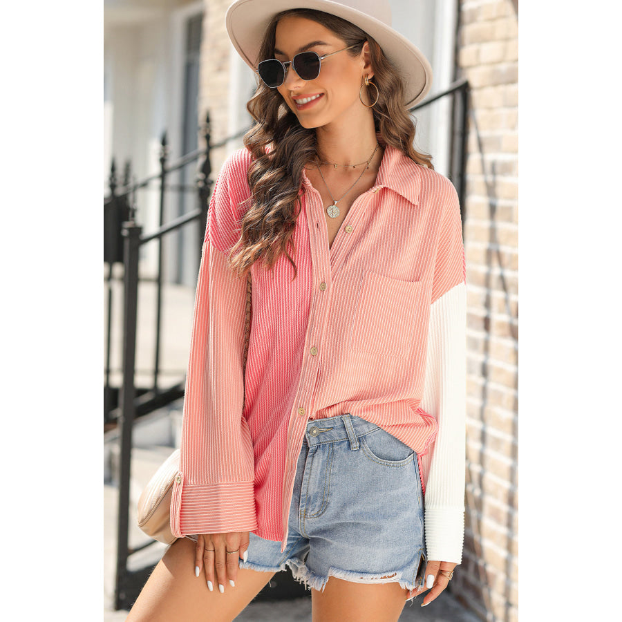 Pocketed Color Block Collared Neck Long Sleeve Shirt Pink / S Apparel and Accessories