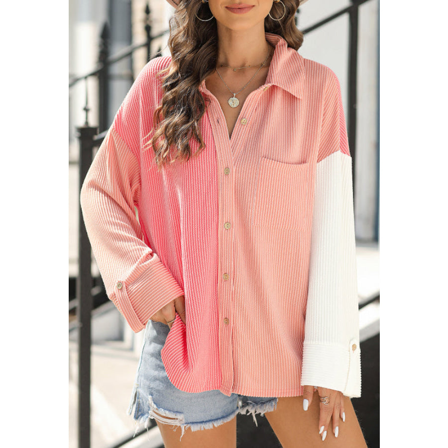 Pocketed Color Block Collared Neck Long Sleeve Shirt Pink / S Apparel and Accessories