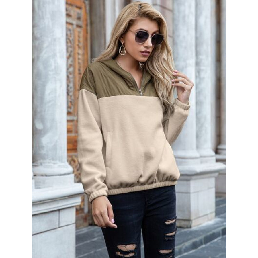 Pocketed Color Block Quarter Zip Hoodie Khaki / S Apparel and Accessories