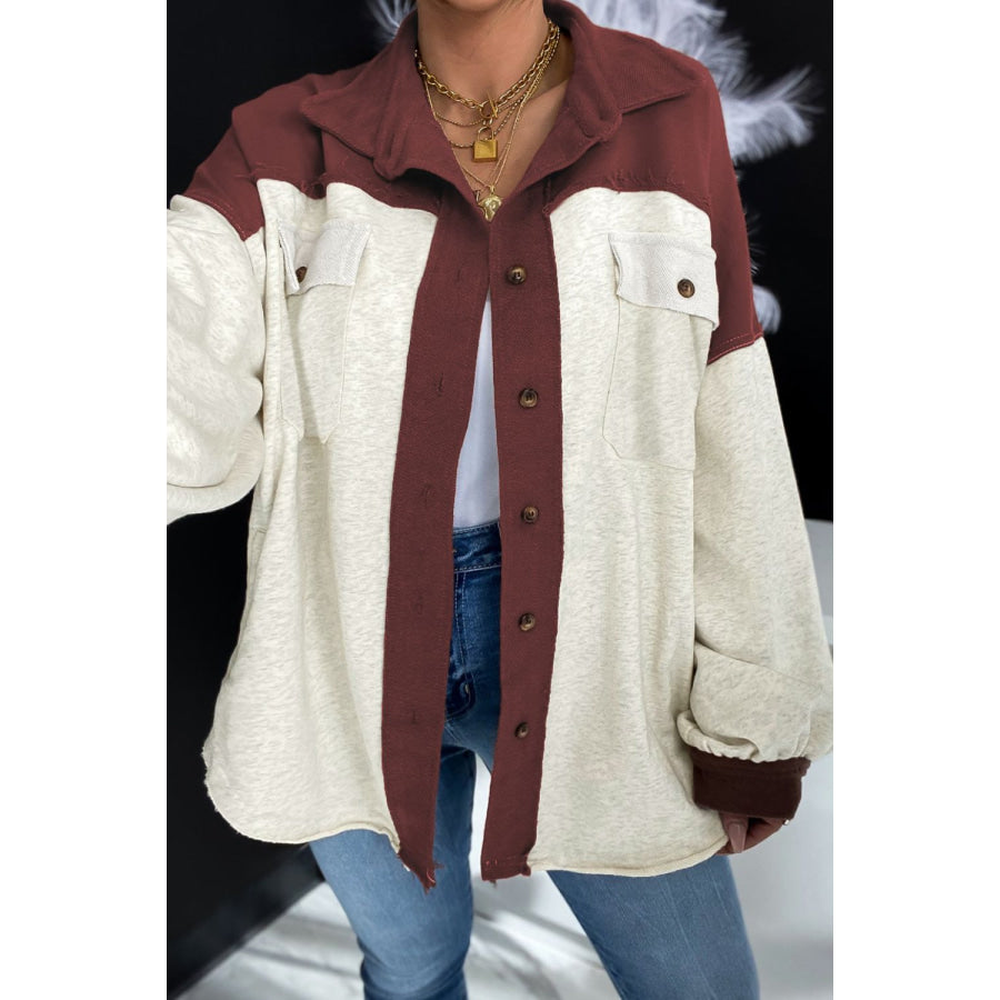 Pocketed Contrast Collared Neck Jacket Beige / S Apparel and Accessories