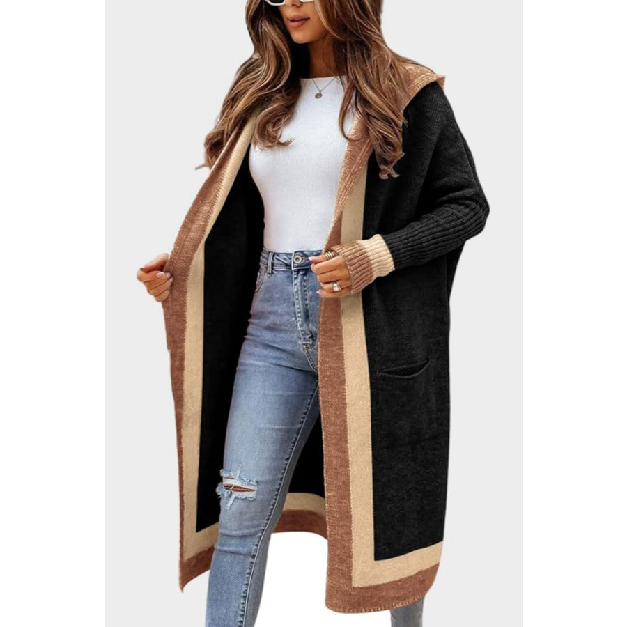 Pocketed Contrast Long Sleeve Hooded Cardigan Apparel and Accessories