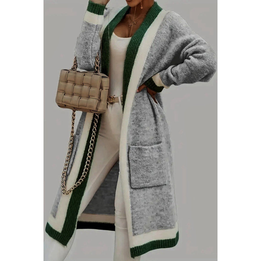 Pocketed Contrast Long Sleeve Hooded Cardigan Apparel and Accessories