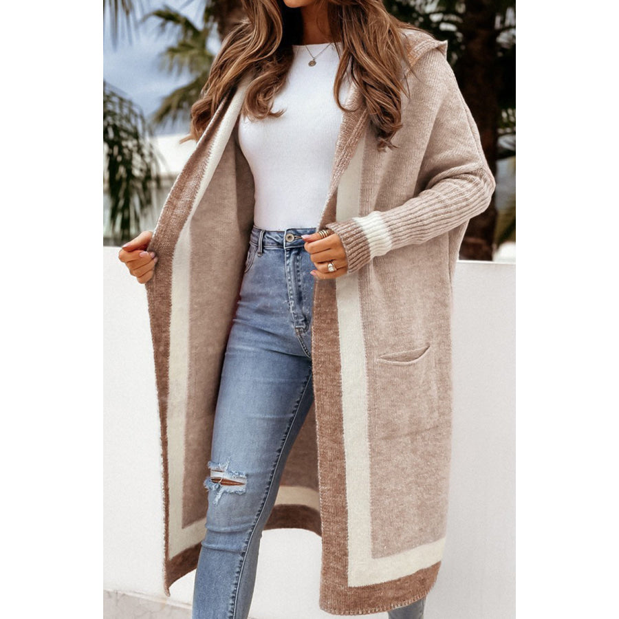 Pocketed Contrast Long Sleeve Hooded Cardigan Apparel and Accessories